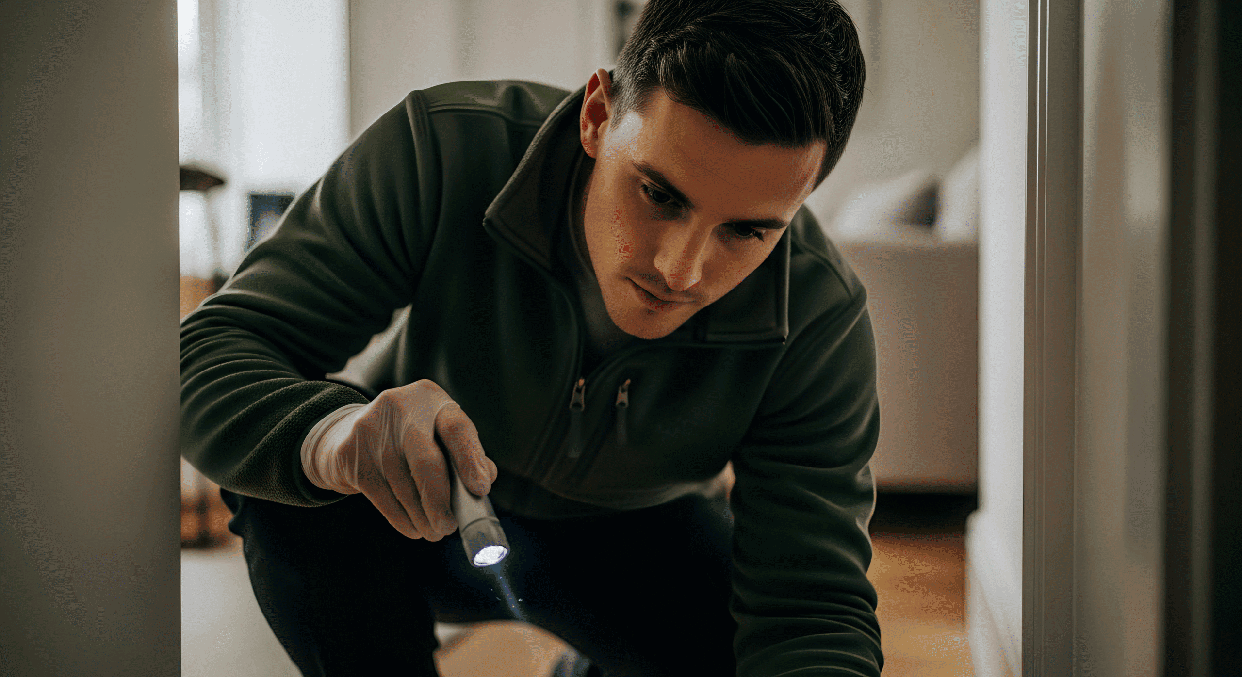 City Pest Control - Male wearing green zipper looking for pests with torch in cupboard
